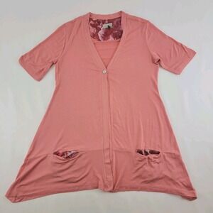 LOGO Lori Goldstein A263264 XS Cardigan Coral Pink Short Sleeve 1 Button Pocket